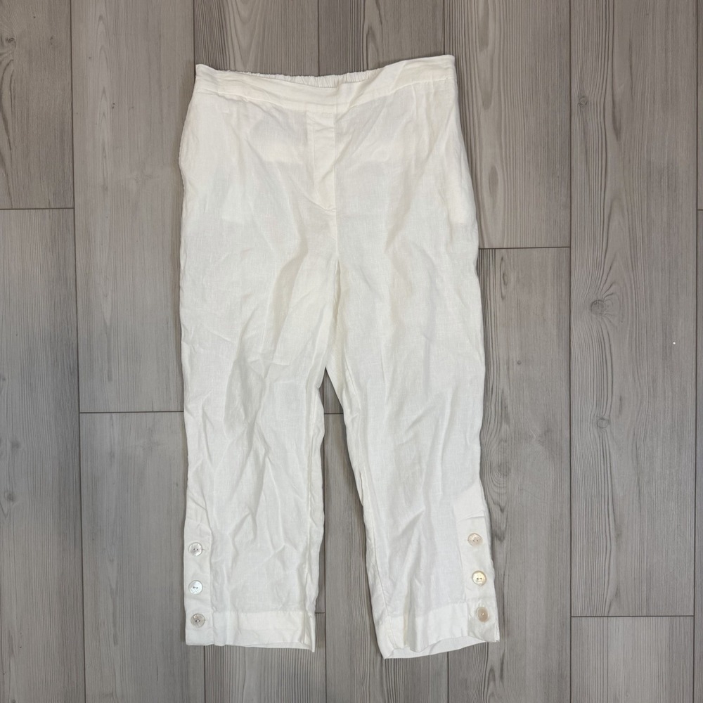 Chico's 1 US Size 8 Medium 100% Linen White‎ Ankle Pants Mother Of Pearl Buttons